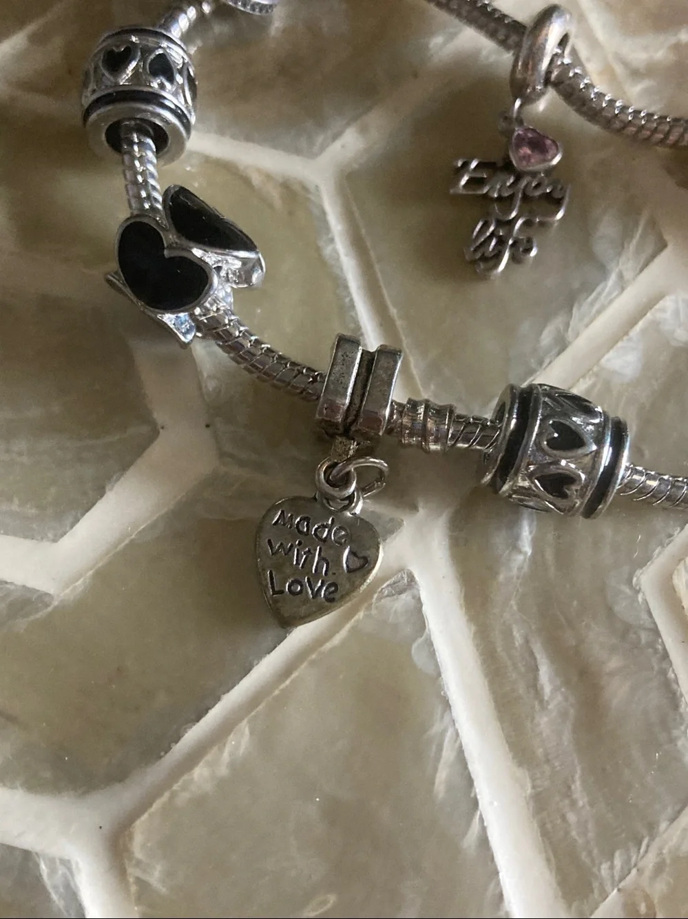 Pandora Moments snake chain barrel clasp bracelet w/6 charms